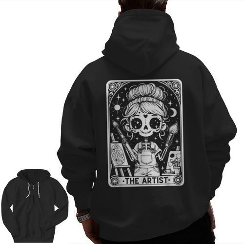 Artist Tarot Card Skeleton Painter Art Teacher Witchy Men Zip Up Hoodie Back Print - teacherstshirts.com UK