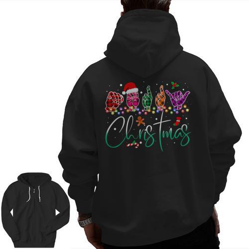 ASL Christmas Buffalo Plaid Teacher American Sign Language Men Zip Up Hoodie Back Print - teacherstshirts.com AU