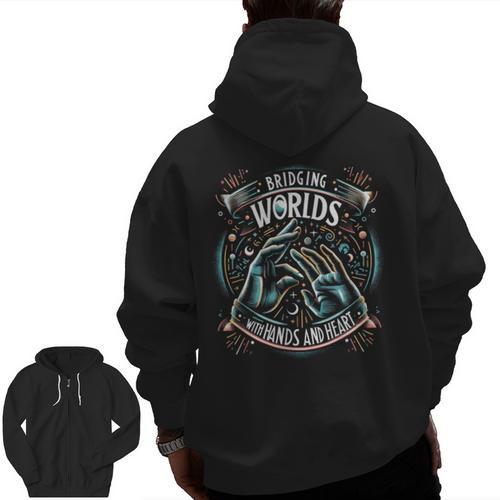ASL Interpreter Deaf ASL Teacher American Sign Language Men Zip Up Hoodie Back Print - teacherstshirts.com CA