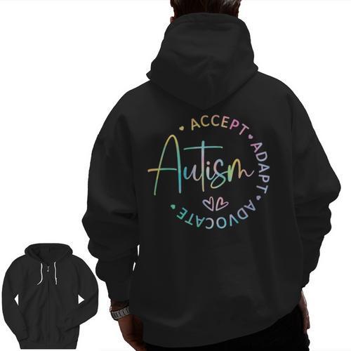 Autism Awareness Accept Adapt Advocate Autism Mom Teacher Men Zip Up Hoodie Back Print - teacherstshirts.com