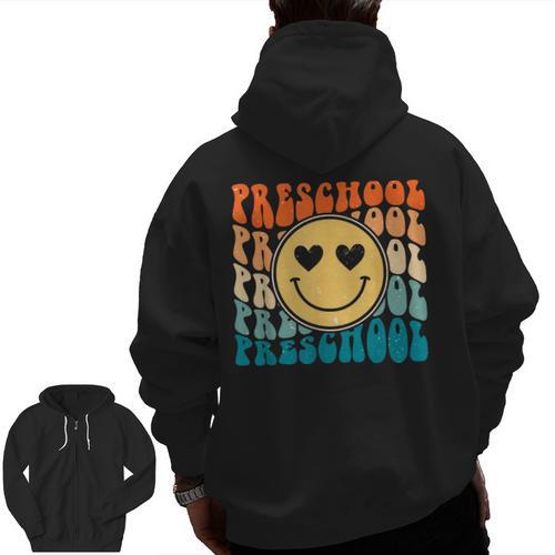 Back To School Groovy Smile Preschool Teachers Students Kids Men Zip Up Hoodie Back Print - teacherstshirts.com