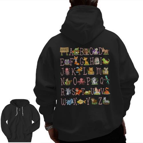 Back To School Kindergarten Teacher ABCs Animals Alphabet Men Zip Up Hoodie Back Print - teacherstshirts.com