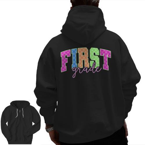 Back To School Neon Checkered First Grade Colorful Teacher Men Zip Up Hoodie Back Print - teacherstshirts.com