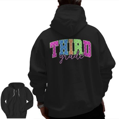 Back To School Neon Checkered Third Grade Colorful Teacher Men Zip Up Hoodie Back Print - teacherstshirts.com CA