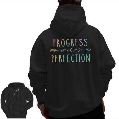 Back To School Progress Over Perfection Motivational Teacher Men Zip Up Hoodie Back Print - teacherstshirts.com CA