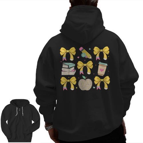 Back To School Yellow Bows Book Coffee Leopard Apple Teacher Men Zip Up Hoodie Back Print - teacherstshirts.com