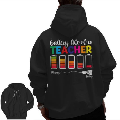 Battery Life Of a Teacher Shirt Thanksgiving Teacher Men Zip Up Hoodie Back Print - teacherstshirts.com CA
