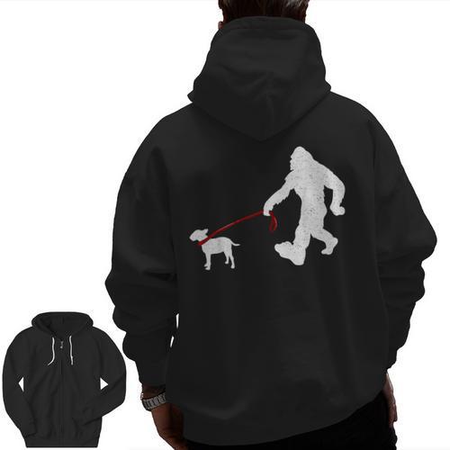 Bigfoot Walking With Bull Terrier Dog Men Zip Up Hoodie Back Print - Bostonterriersmerch.com
