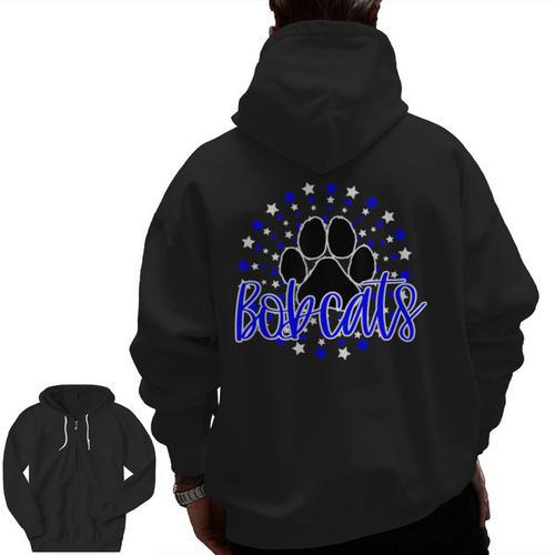 Blue Bobcats School Spirit Coquette Bow Mascot Teacher Men Zip Up Hoodie Back Print - teacherstshirts.com AU
