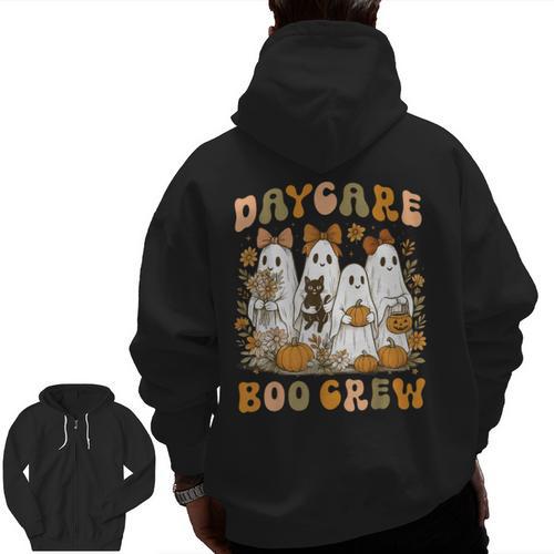 Boo Crew Daycare Teacher Matching Halloween Costume Ghost Men Zip Up Hoodie Back Print - teacherstshirts.com UK