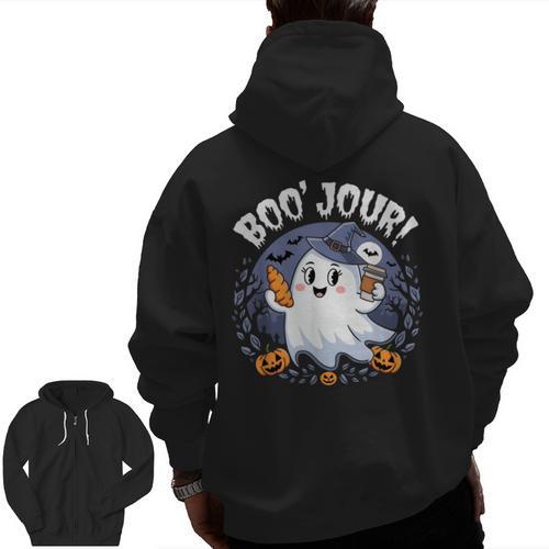 Boo Jour Ghost Halloween French Teacher Cute Coffe Croissant Men Zip Up Hoodie Back Print - teacherstshirts.com CA
