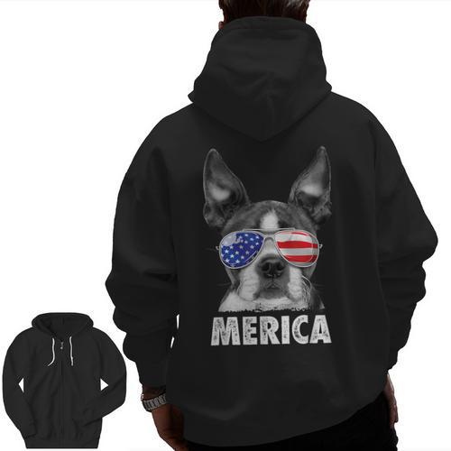 Boston Terrier 4th Of July Merica Men Women USA Flag Vintage Men Zip Up Hoodie Back Print - Bostonterriersmerch.com
