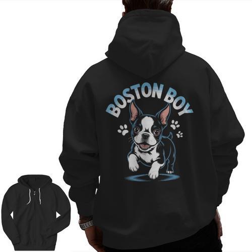 Boston Terrier Boy Cute Cartoon Dog Owner Pet Boston Terrier Men Zip Up Hoodie Back Print - Bostonterriersmerch.com