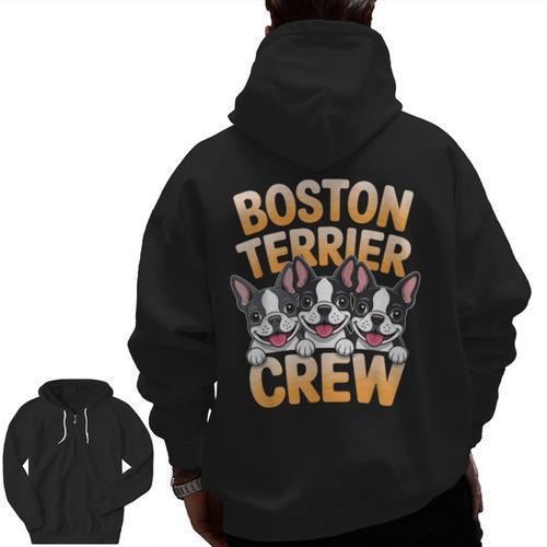 Boston Terrier Crew Cartoon For Dog Owner Pet Boston Terrier Men Zip Up Hoodie Back Print - Bostonterriersmerch.com
