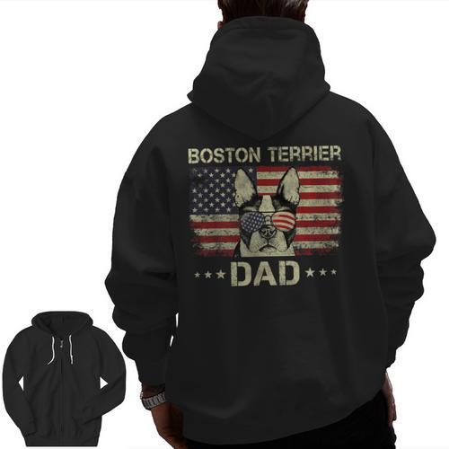 Boston Terrier Dad Dog Lovers American Flag 4th Of July For Women Men Men Zip Up Hoodie Back Print - Bostonterriersmerch.com