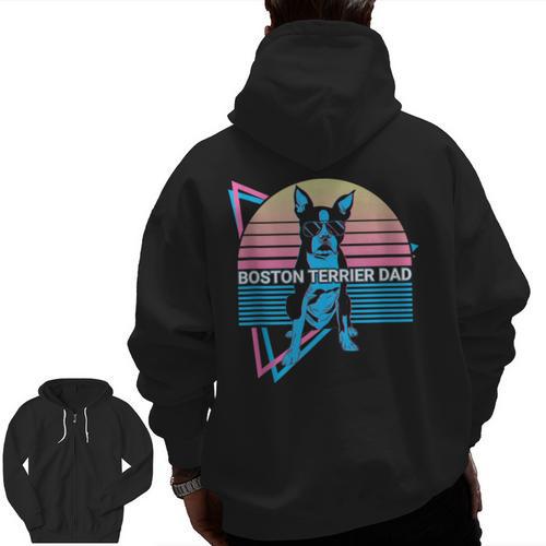 Boston Terrier Dad Retro Men Zip Up Hoodie Back Print - Bostonterriersmerch.com