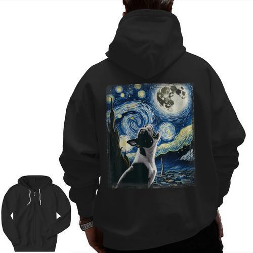 Boston Terrier Dog Art Van Gogh Starry Night Boston Terrier Men Zip Up Hoodie Back Print - Bostonterriersmerch.com