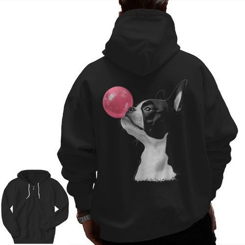 Boston Terrier Dog Blowing Chewing Bubble Gum Pink Men Zip Up Hoodie Back Print - Bostonterriersmerch.com AU