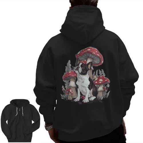 Boston Terrier Dog Cottagecore Aesthetic Mushroom Hat Men Zip Up Hoodie Back Print - Bostonterriersmerch.com CA