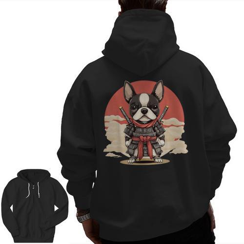 Boston Terrier Dog Japanese Style Samurai Dogs Men Zip Up Hoodie Back Print - Bostonterriersmerch.com