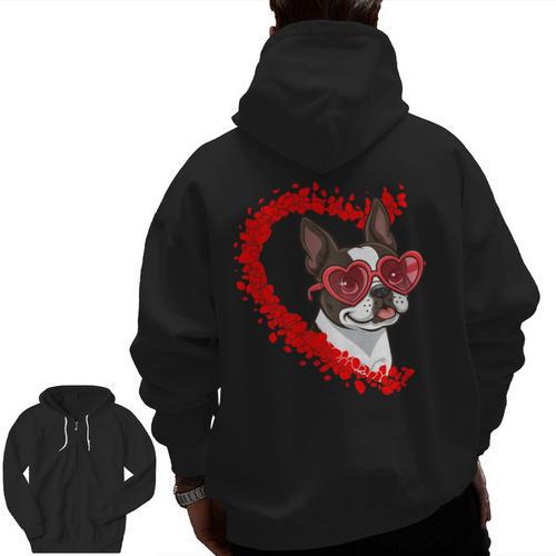 Boston Terrier Dog Mom Dad Valentine’s Day Pet Lover For Men Women Kids Men Zip Up Hoodie Back Print - Bostonterriersmerch.com