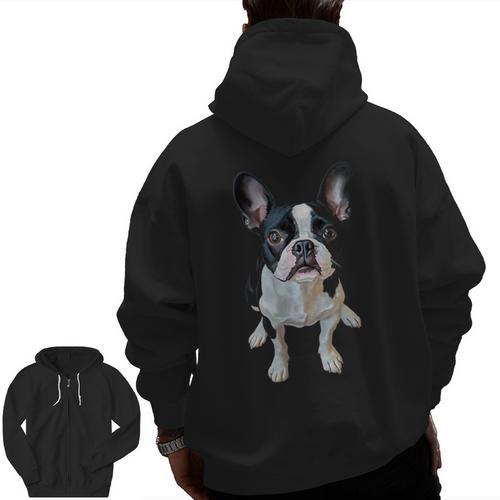 Boston Terrier Dog Motif Pet Art Boston Terrier Men Women Kids Men Zip Up Hoodie Back Print - Bostonterriersmerch.com