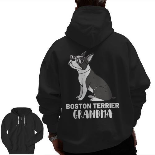 Boston Terrier Dog Owner Grandma Men Zip Up Hoodie Back Print - Bostonterriersmerch.com