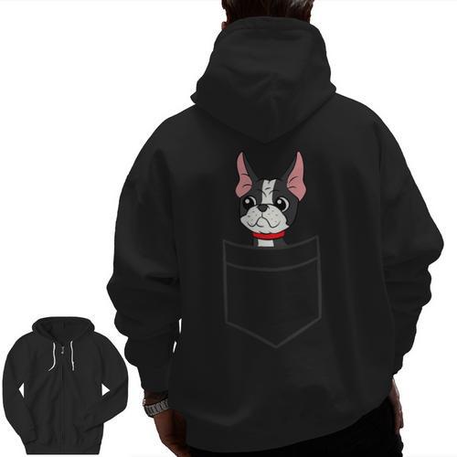Boston Terrier Dog In The Pocket Boston Terrier For Men Women Girls Kids Men Zip Up Hoodie Back Print - Bostonterriersmerch.com