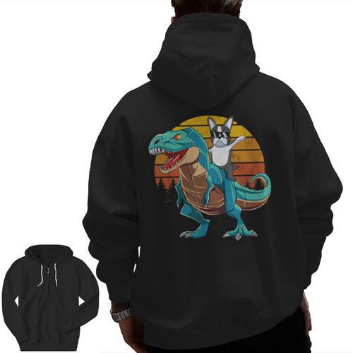 Boston Terrier Dog Riding Dinosaur T Rex Boys Men Zip Up Hoodie Back Print - Bostonterriersmerch.com
