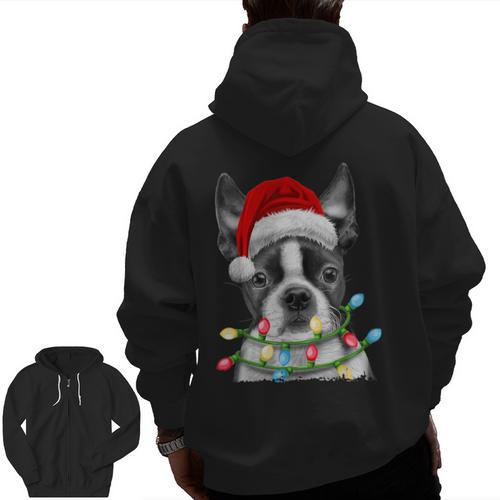 Boston Terrier Dog Santa Christmas Tree Lights Xmas Men Zip Up Hoodie Back Print - Bostonterriersmerch.com