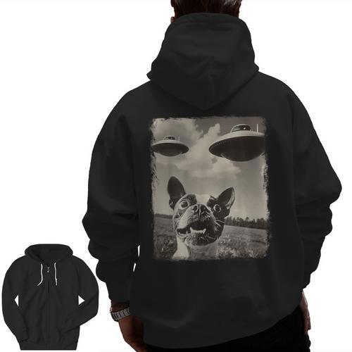 Boston Terrier Dog UFO Alien Extraterrestrial Selfie Men Zip Up Hoodie Back Print - Bostonterriersmerch.com
