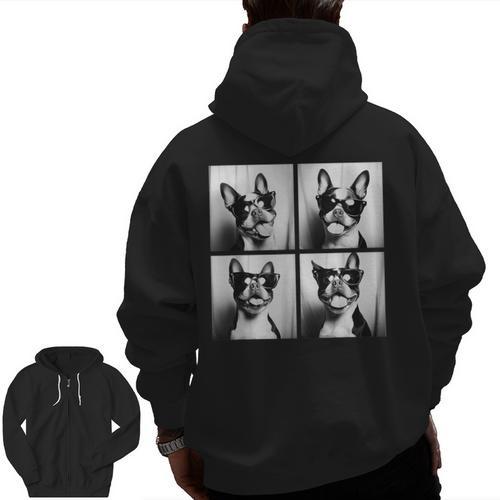 Boston Terrier Dogs With Sunglasses Photo Pets Meme Men Zip Up Hoodie Back Print - Bostonterriersmerch.com