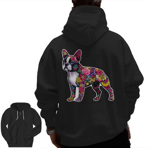 Boston Terrier Floral Dog Lover Vintage Distressed For Men Women Kids Men Zip Up Hoodie Back Print - Bostonterriersmerch.com