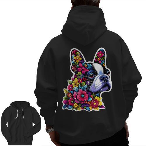 Boston Terrier Floral Vintage Dog Mom Distressed Men Women Kids Men Zip Up Hoodie Back Print - Bostonterriersmerch.com