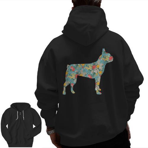 Boston Terrier Flower Silhouette Floral Dog Men Women Girls Kids Men Zip Up Hoodie Back Print - Bostonterriersmerch.com CA