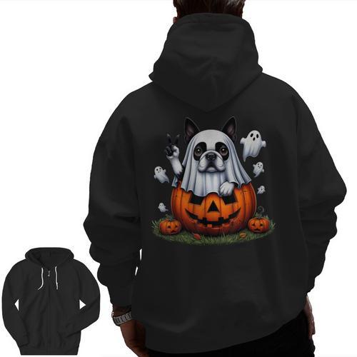 Boston Terrier Ghost Boo Halloween Kids Men Zip Up Hoodie Back Print - Bostonterriersmerch.com