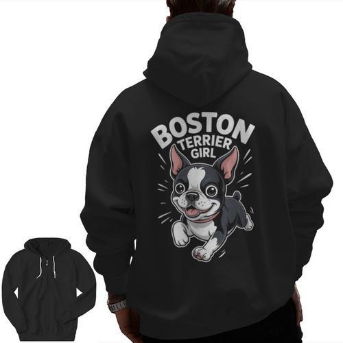 Boston Terrier Girl Cute Cartoon For Dog Owners Pet Terrier Men Zip Up Hoodie Back Print - Bostonterriersmerch.com