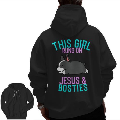 Boston Terrier This Girl Runs On Jesus And Boston Terriers Men Zip Up Hoodie Back Print - Bostonterriersmerch.com
