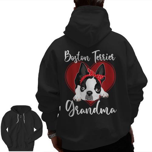 Boston Terrier Grandma Dog Owner Boston Terrier For Men Women Men Zip Up Hoodie Back Print - Bostonterriersmerch.com