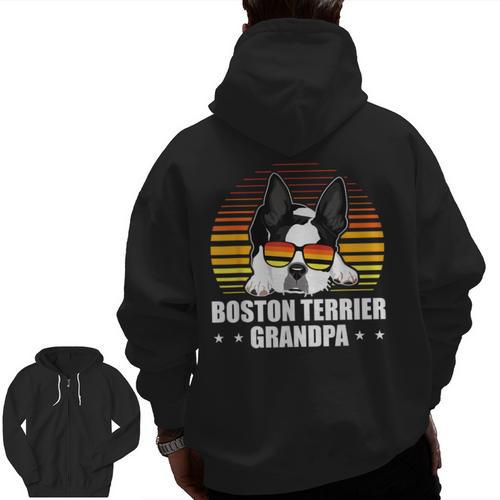 Boston Terrier Grandpa Dog Owner Boston Terrier Men Zip Up Hoodie Back Print - Bostonterriersmerch.com