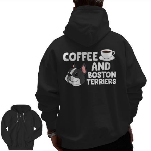Boston Terrier Lover Coffee And Boston Terriers Men Zip Up Hoodie Back Print - Bostonterriersmerch.com