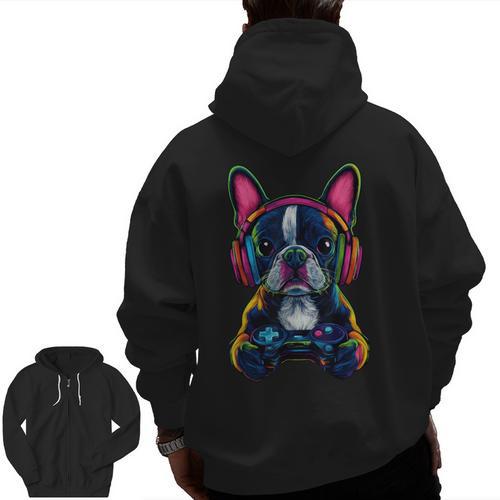 Boston Terrier Lovers Gaming Headphones Boston Terrier Men Zip Up Hoodie Back Print - Bostonterriersmerch.com