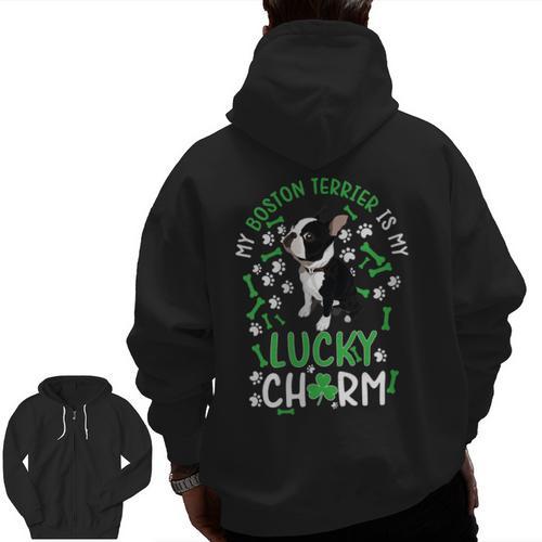 My Boston Terrier Is My Lucky Charm Paw Dog St Patrick's Day Men Zip Up Hoodie Back Print - Bostonterriersmerch.com