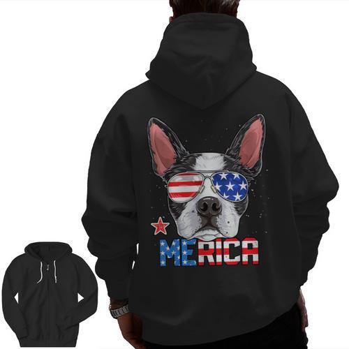 Boston Terrier Merica 4th Of July T Shirt Men Boys Dog Puppy Men Zip Up Hoodie Back Print - Bostonterriersmerch.com