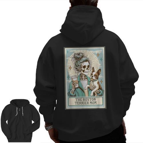 Boston Terrier Mom Skeleton Tarot Card Witch Vibes Dog Mom Men Zip Up Hoodie Back Print - Bostonterriersmerch.com