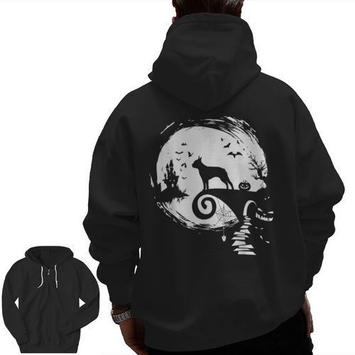 Boston Terrier And Moon Halloween Costume Dog Lover Men Zip Up Hoodie Back Print - Bostonterriersmerch.com