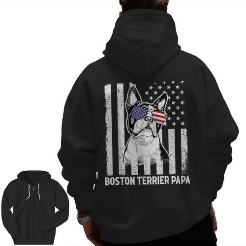 Boston Terrier Papa Cool Dog Lover USA American Flag Men Women Men Zip Up Hoodie Back Print - Bostonterriersmerch.com