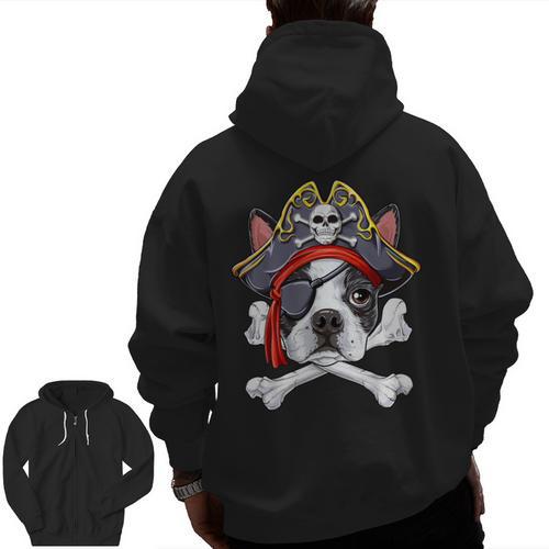 Boston Terrier Pirate T Shirt Jolly Roger Crossbones Skull Men Zip Up Hoodie Back Print - Bostonterriersmerch.com