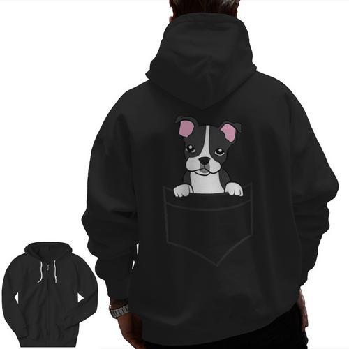 Boston Terrier In The Pocket Cute Pocket Boston Terrier Men Zip Up Hoodie Back Print - Bostonterriersmerch.com