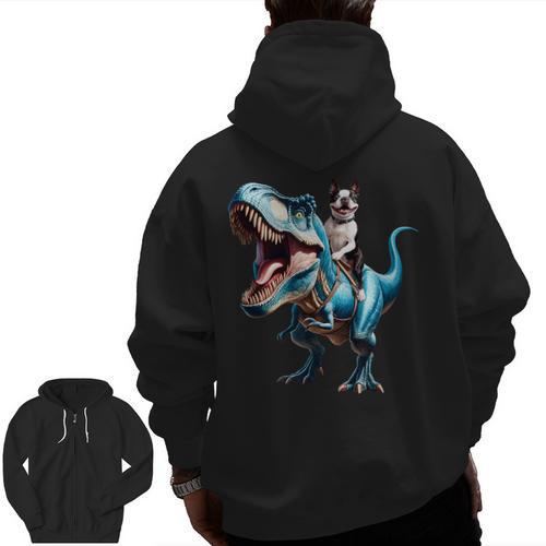 Boston Terrier Riding T-Rex Dinosaur Dog Lover Men Zip Up Hoodie Back Print - Bostonterriersmerch.com